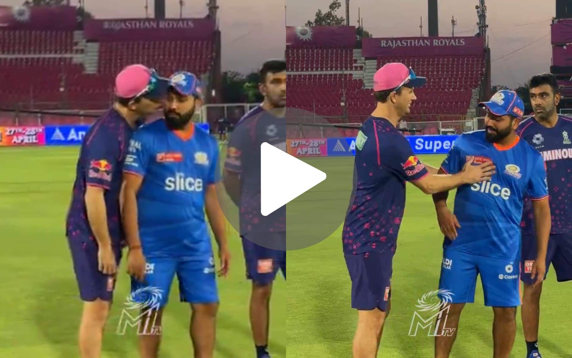 [Watch] Rohit Sharma & Shane Bond Share An Intimate Moment; RR Coach Kisses MI Batter From Behind